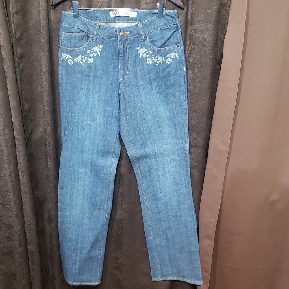 Disney Light Blue Floral Women's Straight Leg Jeans Alice In Wonderland Cotton